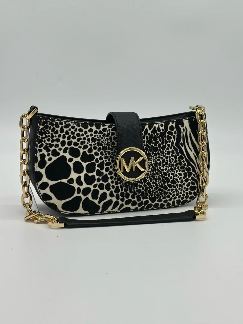 Michael Kors Black & White Animal-Print Chain Crossbody